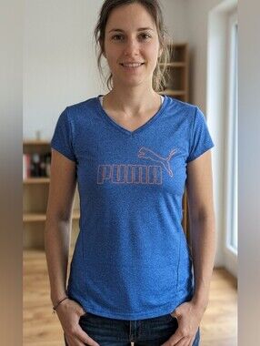 PUMA Heather Blue Orange Big Logo V-Neck Athletic Shirt XS